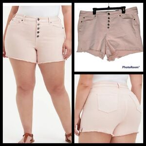 18 Womens High Rise Vintage Pink Denim Midi Short 5 inch Inseam Torrid Button Fl